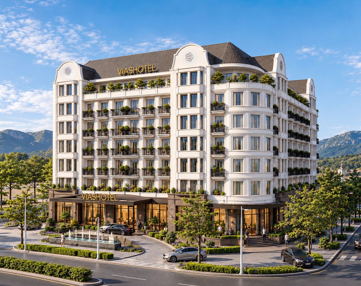 Toàn cảnh Vias Hotel Bảo Lộc với đồi núi phía sau