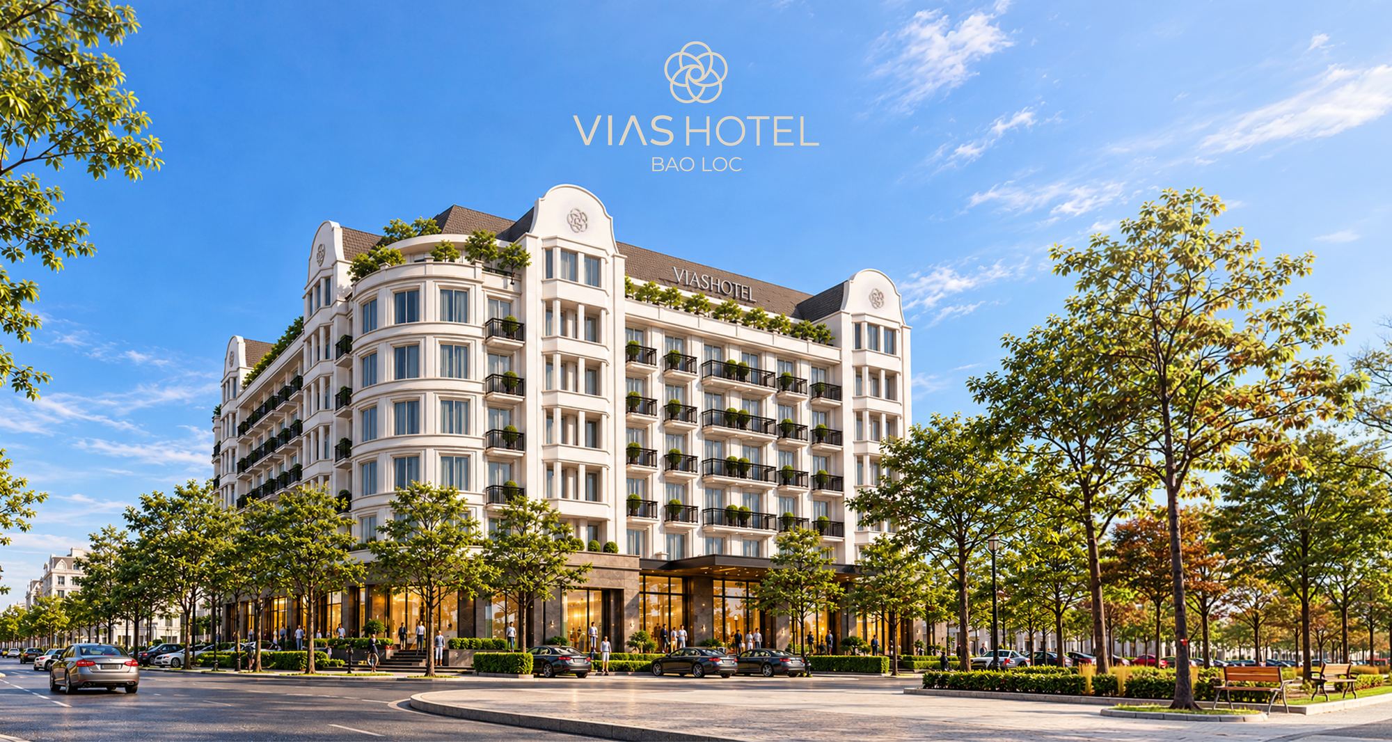 Vias Hotel Bảo Lộc – tòa khách sạn trắng giữa hàng cây, trời xanh